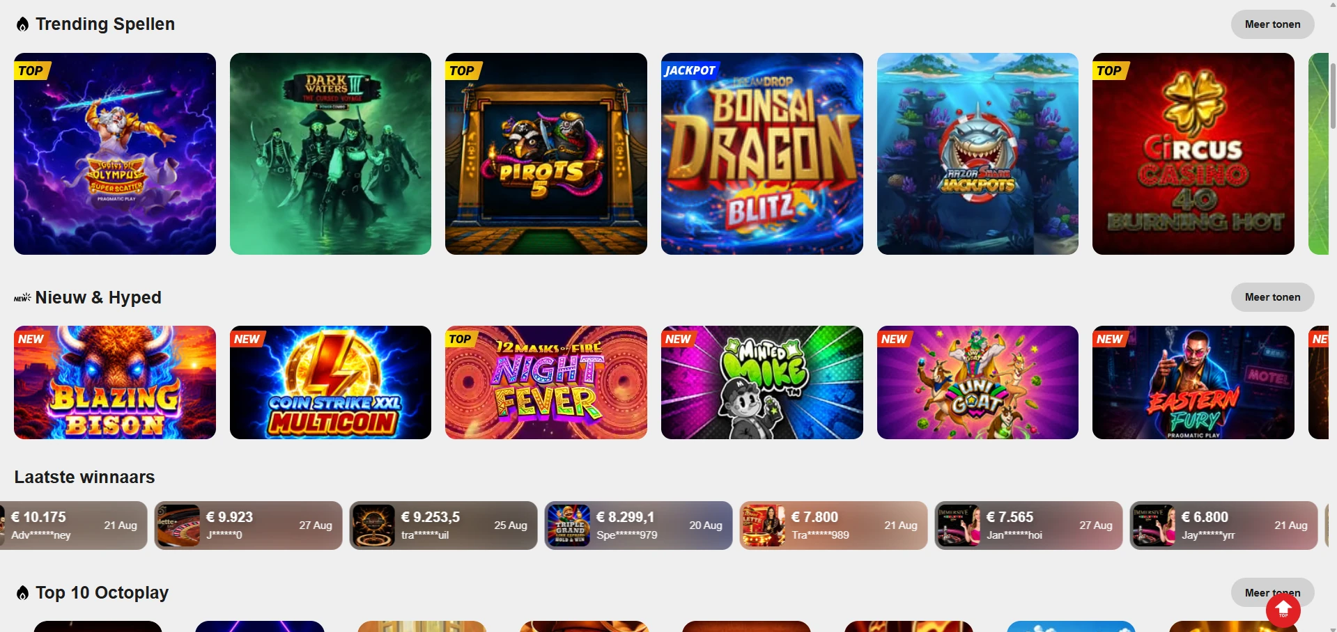 Lobby van Circus Casino met de categorieën en de zoekfunctie