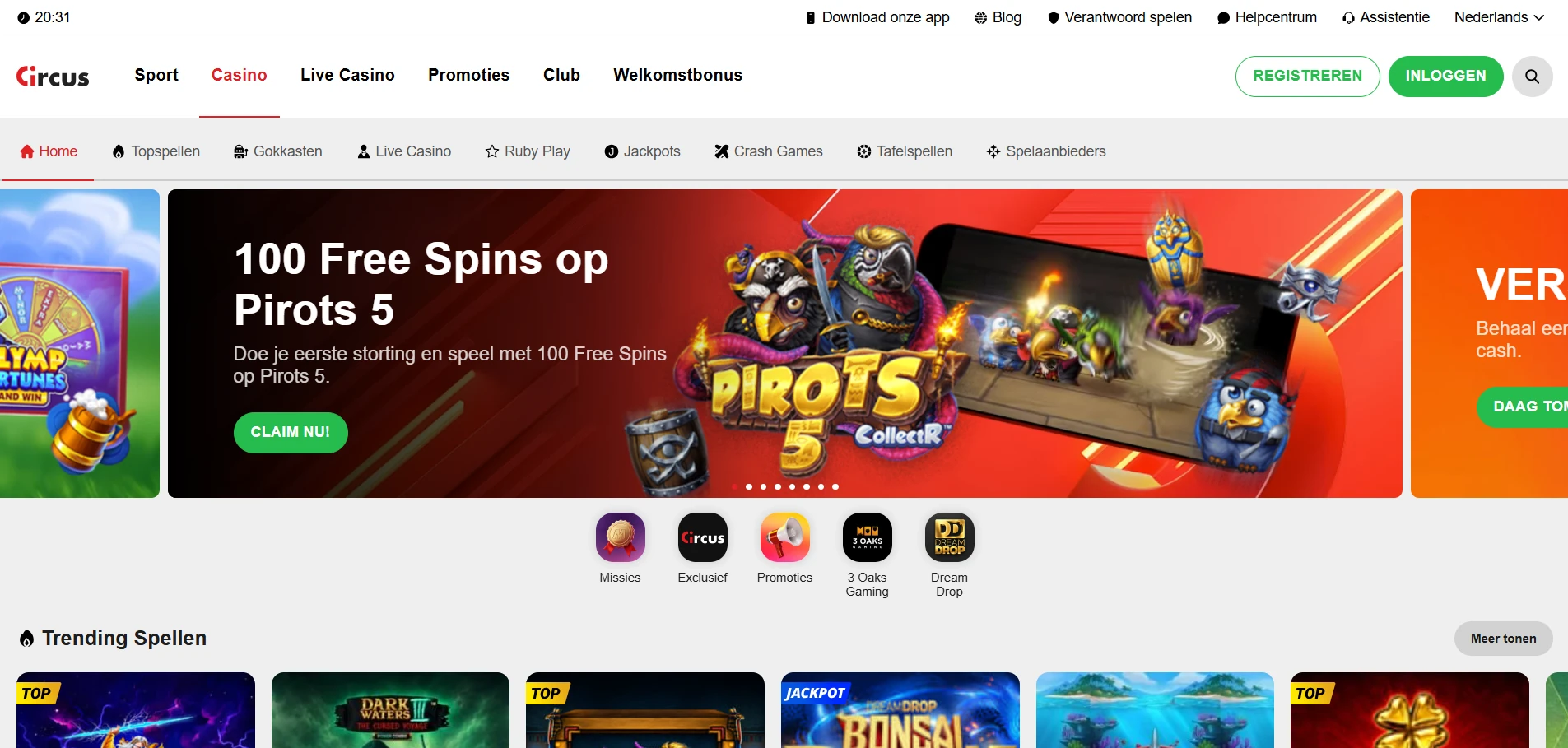 Startpagina van Circus Casino met het spelaanbod en de inlogknop