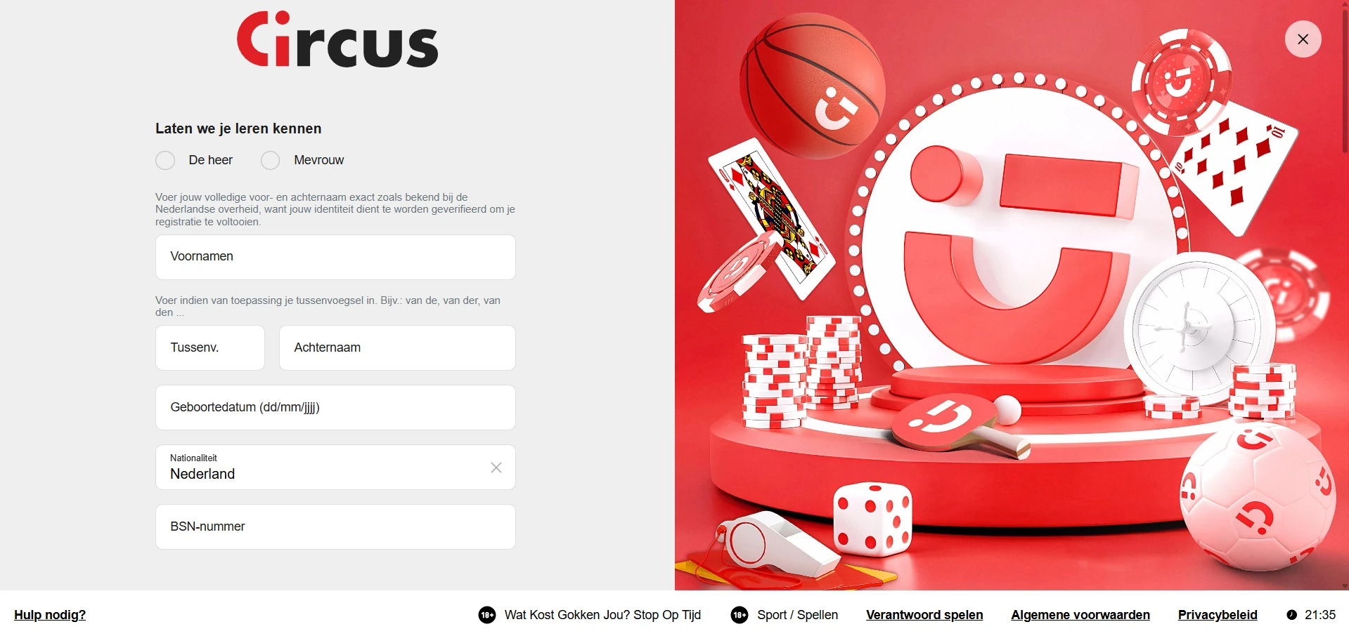 Registratieformulier van Circus Casino